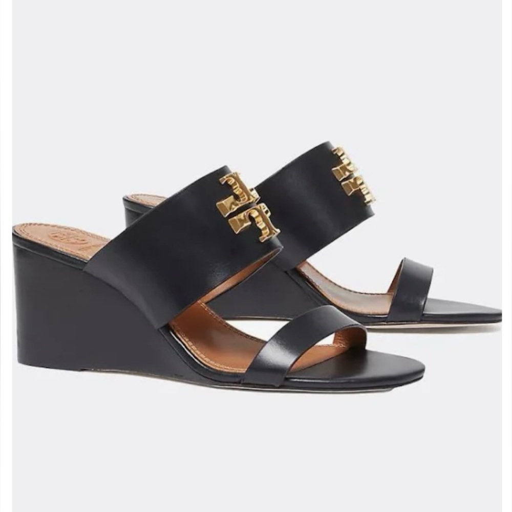 Tory Burch Black and Gold Wedge Mules